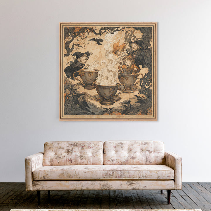 Tiny Ghosts In Teacups, Gothic Storybook Art, Square Wall Art, Macabre Wall Art, Framed Canvas Print, Halloween Wall Art