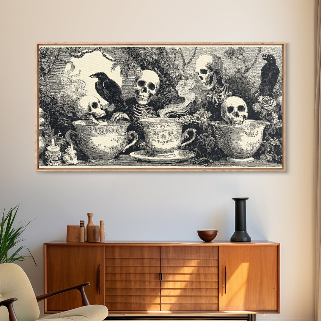 Tiny Ghosts In Teacups, Macabre Folk Print Art, Wide Panoramic Art, Macabre Wall Art, Canvas Print, Halloween Wall Art