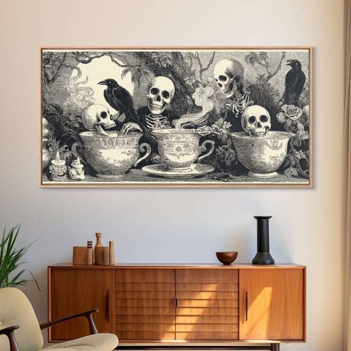 Tiny Ghosts In Teacups, Macabre Folk Print Art, Wide Panoramic Art, Macabre Wall Art, Canvas Print, Halloween Wall Art