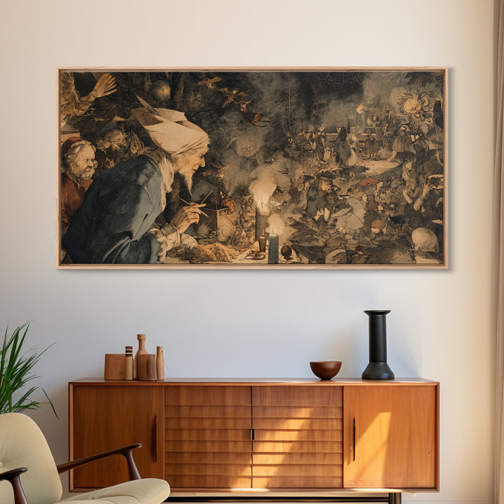The Spider Sewing Circle, Northern Renaissance Horror, Wide Panoramic Art, Gothic Horror Wall Art, Framed Canvas Print