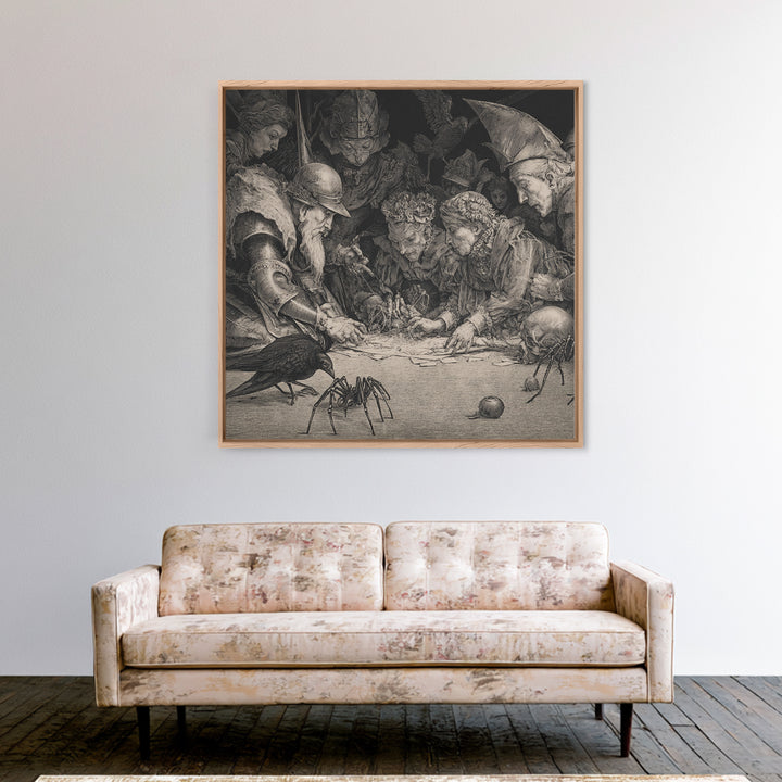 The Spider Sewing Circle, Renaissance Engraving Art, Square Wall Art, Macabre Wall Art, Framed Canvas Print, Halloween Wall Art