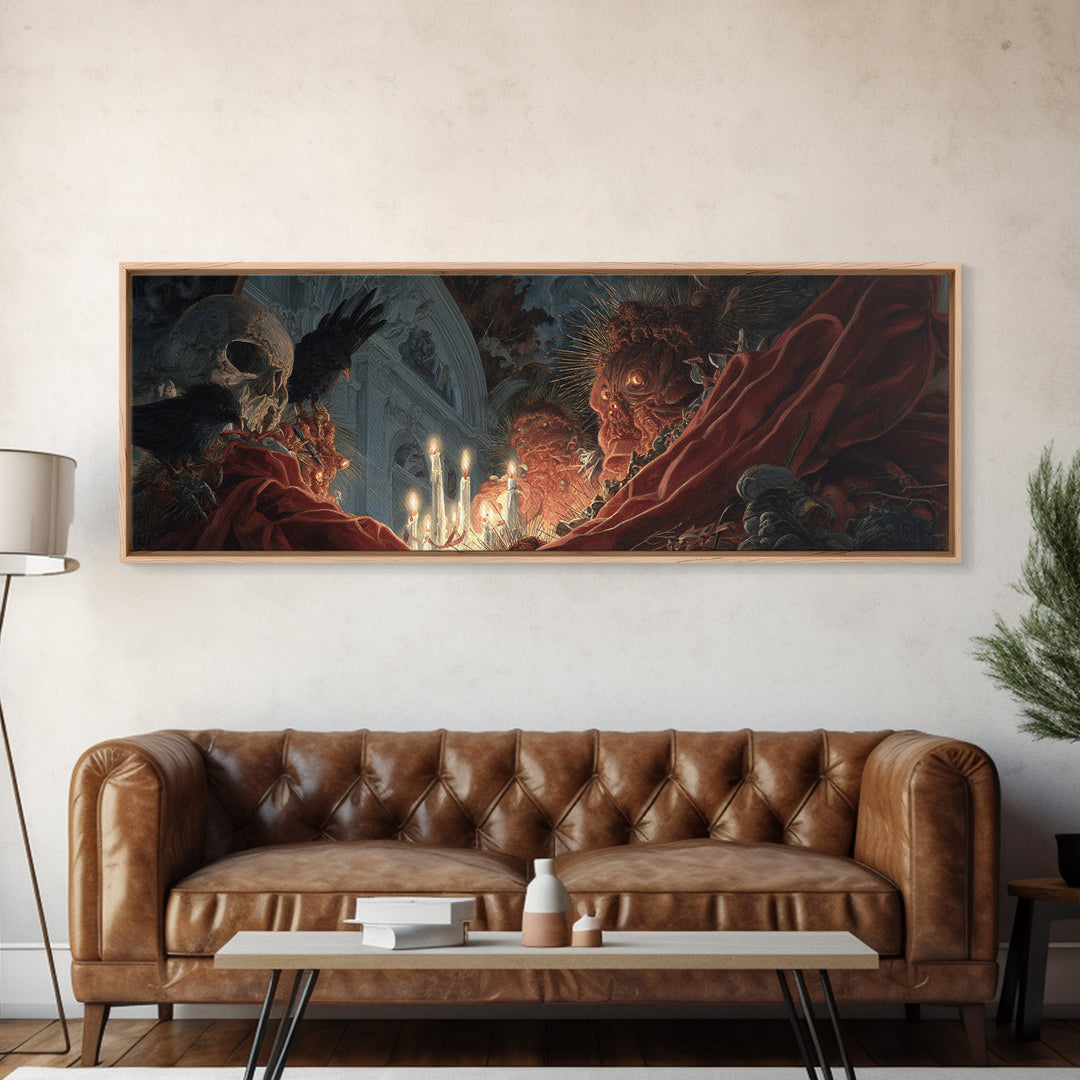 The Spider Sewing Circle, Apocalyptic Romantic Art, Extra Wide Wall Art, Macabre Wall Art, Canvas Print, Halloween Wall Art