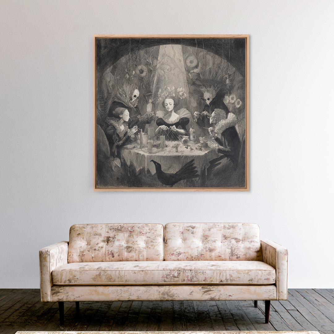 The Spider Sewing Circle, Symbolist Dream Art, Square Wall Art, Gothic Horror Wall Art, Framed Canvas Print, Halloween Wall Art
