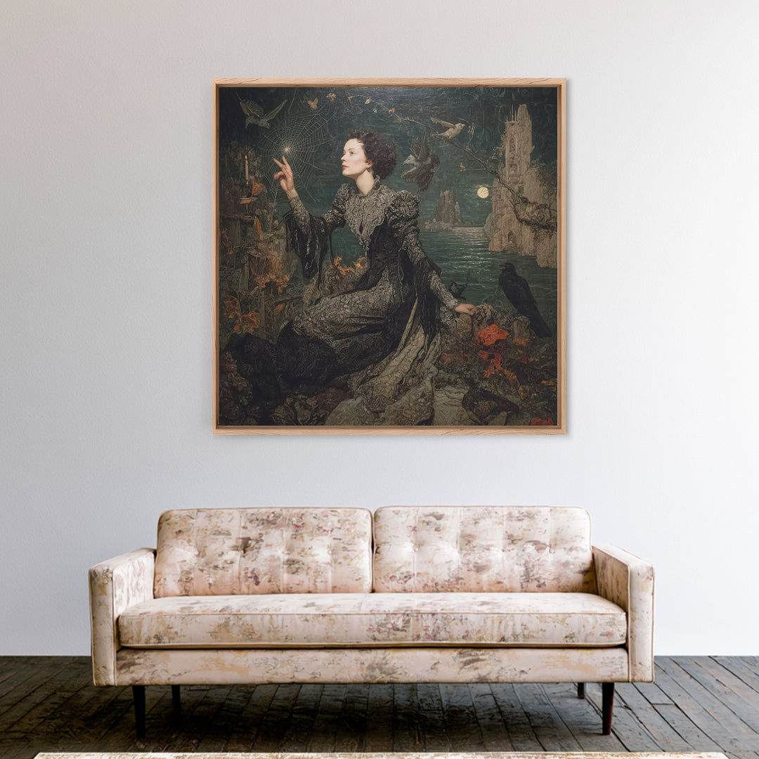 The Spider Sewing Circle, Symbolist Gothic Landscape, Square Wall Art, Dark Fantasy Wall Art, Canvas Print, Halloween Wall Art