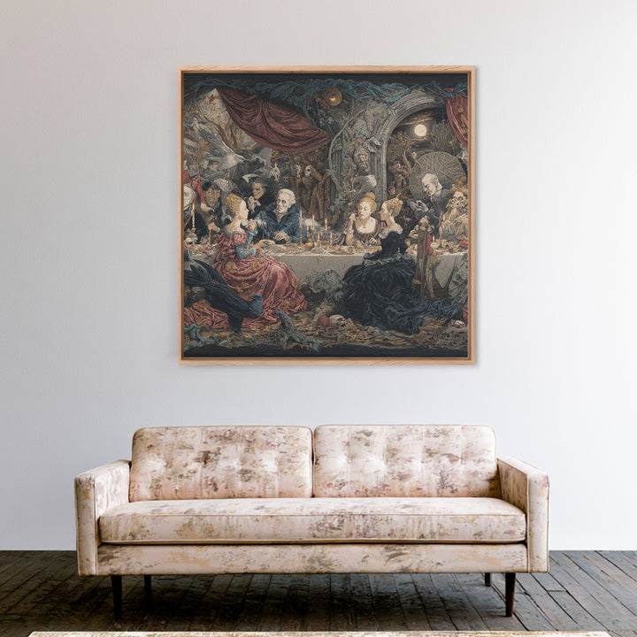 The Spider Sewing Circle, Symbolist Etching Art, Square Wall Art, Dark Halloween Decor, Framed Canvas Print, Halloween Wall Art