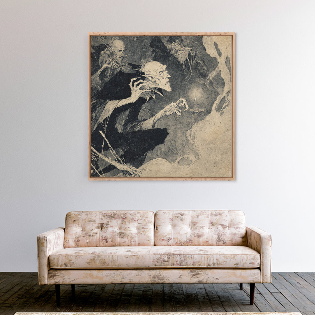 The Spider Sewing Circle, Expressionist Nightmare Art, Square Wall Art, Dark Halloween Decor, Framed Canvas Print, Halloween Wall Art