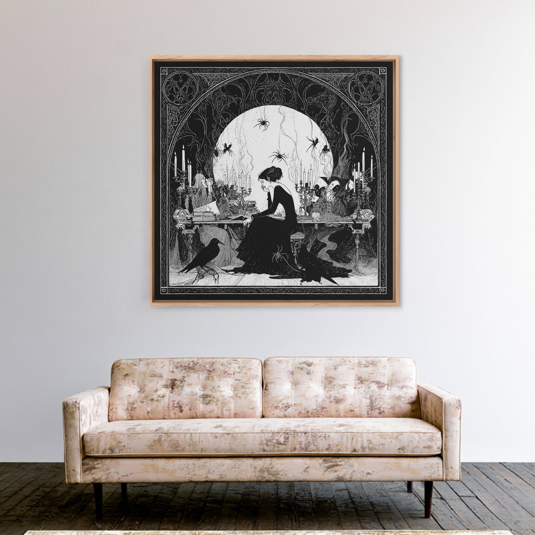 The Spider Sewing Circle, Decadent Line Art, Square Wall Art, Macabre Wall Art, Framed Canvas Print, Halloween Wall Art