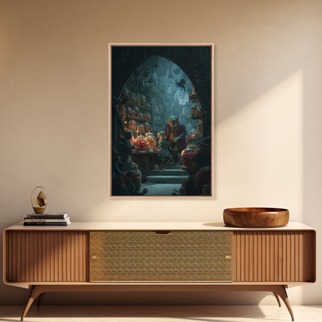 The Goblin Candy Shop, Dark Symbolist Art, Vertical Wall Art, Dark Halloween Decor, Canvas Print, Halloween Wall Art