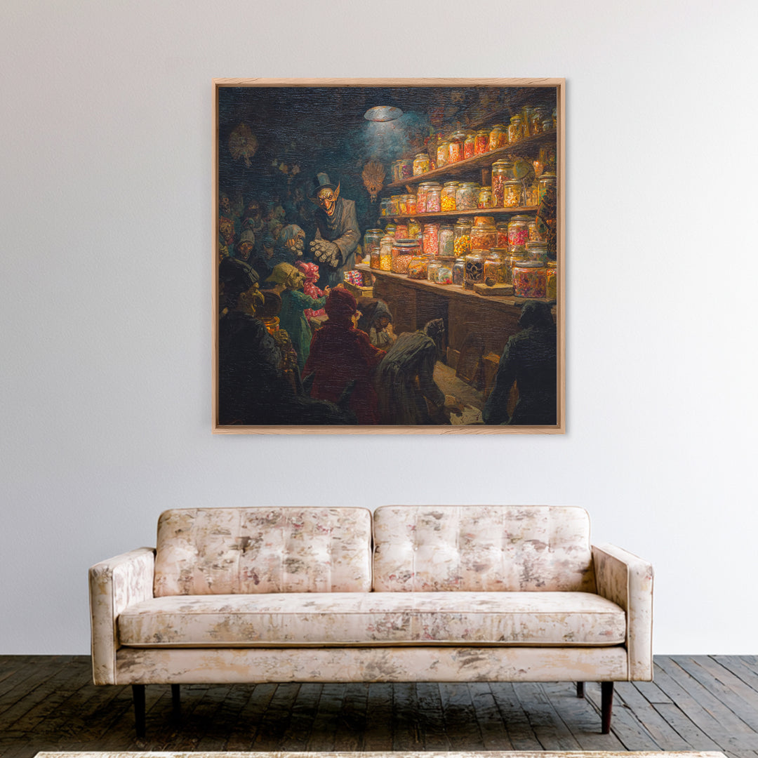 The Goblin Candy Shop, Grotesque Carnival Art, Square Wall Art, Dark Halloween Decor, Canvas Print, Halloween Wall Art