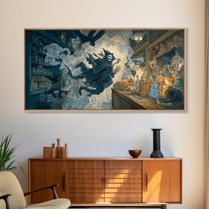 The Goblin Candy Shop, Macabre Folk Print Art, Wide Panoramic Art, Gothic Horror Wall Art, Framed Canvas Print