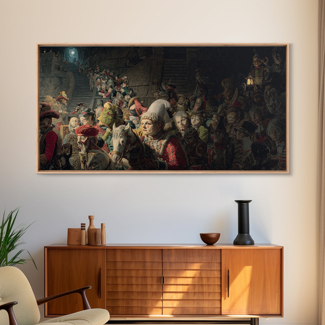 The Haunted Toy Parade, Architectural Etching Art, Wide Panoramic Art, Macabre Wall Art, Canvas Print, Halloween Wall Art