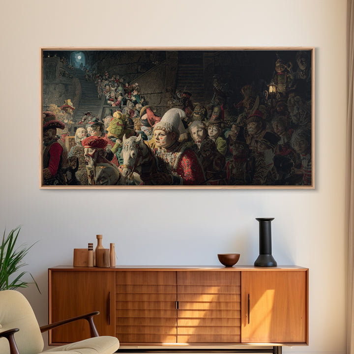 The Haunted Toy Parade, Architectural Etching Art, Wide Panoramic Art, Macabre Wall Art, Canvas Print, Halloween Wall Art