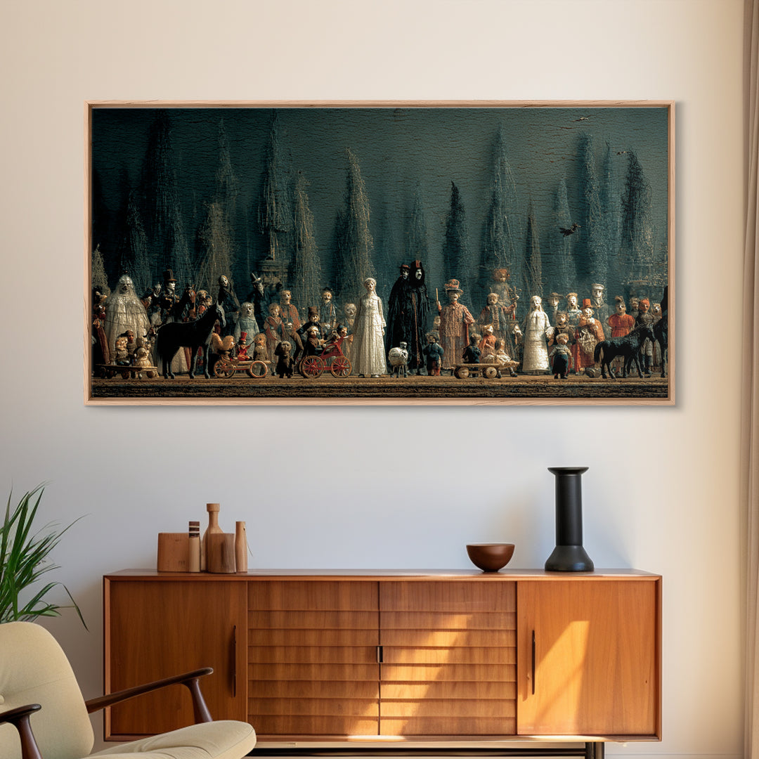 The Haunted Toy Parade, Symbolist Gothic Landscape, Wide Panoramic Art, Gothic Horror Wall Art, Framed Canvas Print, Halloween Wall Art