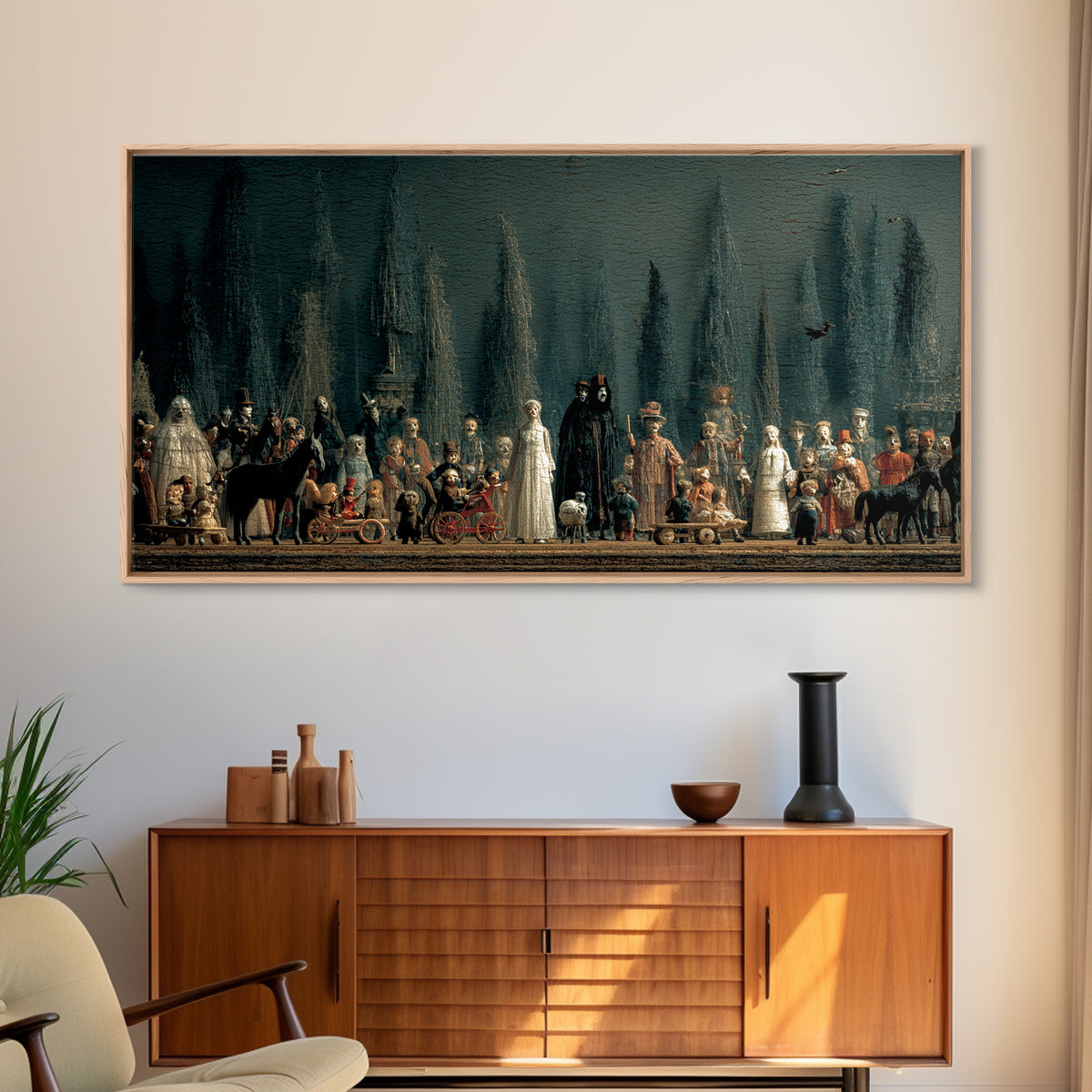 The Haunted Toy Parade, Symbolist Gothic Landscape, Wide Panoramic Art, Gothic Horror Wall Art, Framed Canvas Print, Halloween Wall Art