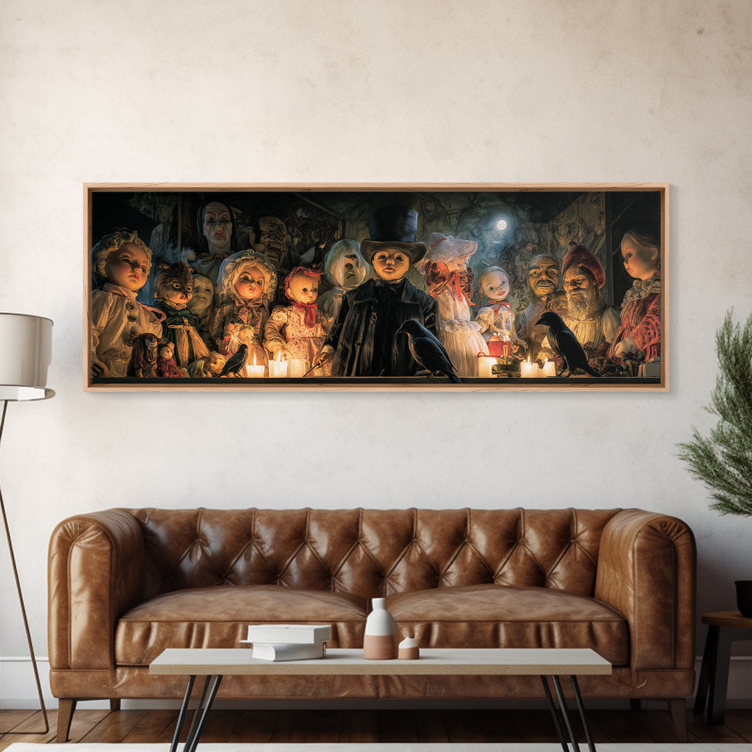The Haunted Toy Parade, Expressionist Gothic Art, Extra Wide Wall Art, Dark Halloween Decor, Framed Canvas Print, Halloween Wall Art