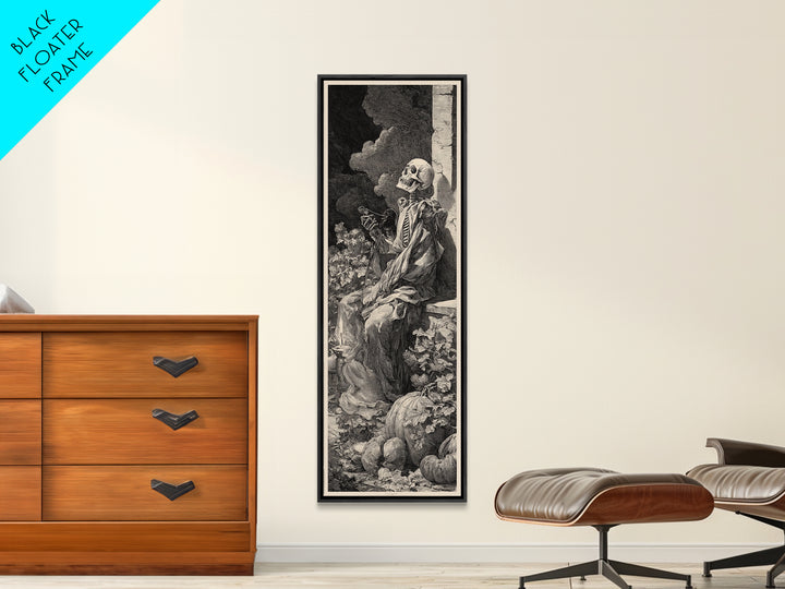 The Skeleton Gardeners, Gothic Engraving Art, Tall Narrow Wall Art, Dark Halloween Decor, Framed Canvas Print, Halloween Wall Art