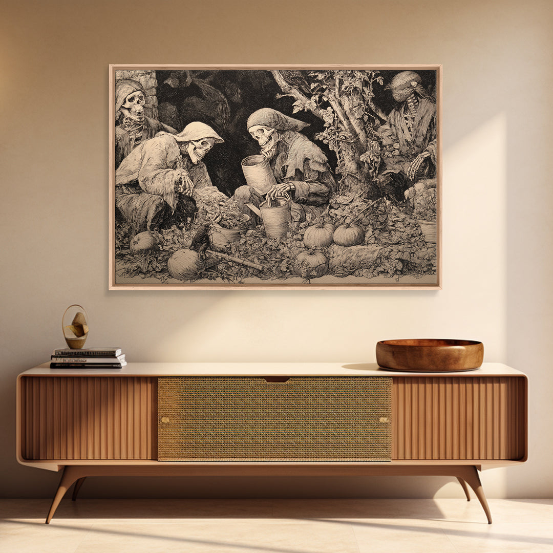 The Skeleton Gardeners, Renaissance Engraving Art, Landscape Wall Art, Dark Fantasy Wall Art, Canvas Print, Halloween Wall Art