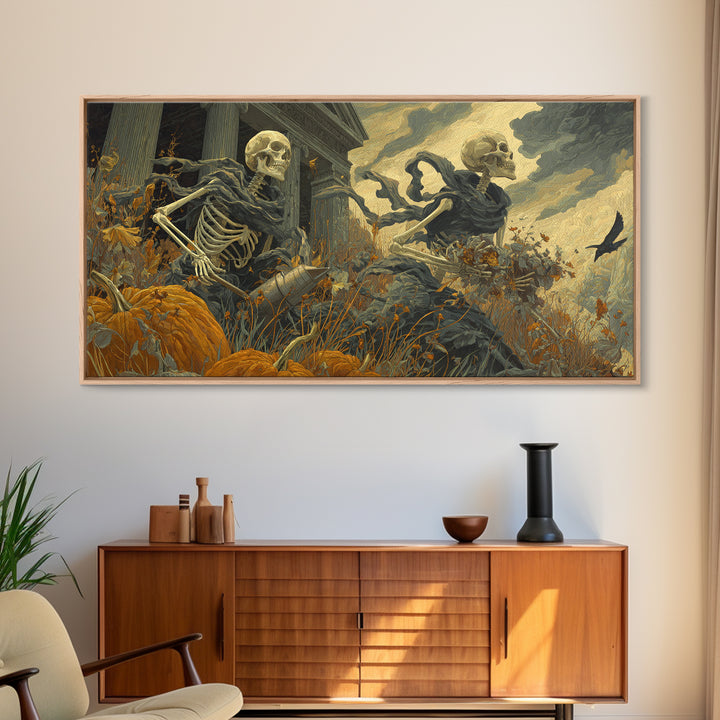 The Skeleton Gardeners, Apocalyptic Romantic Art, Wide Panoramic Art, Gothic Horror Wall Art, Framed Canvas Print, Halloween Wall Art