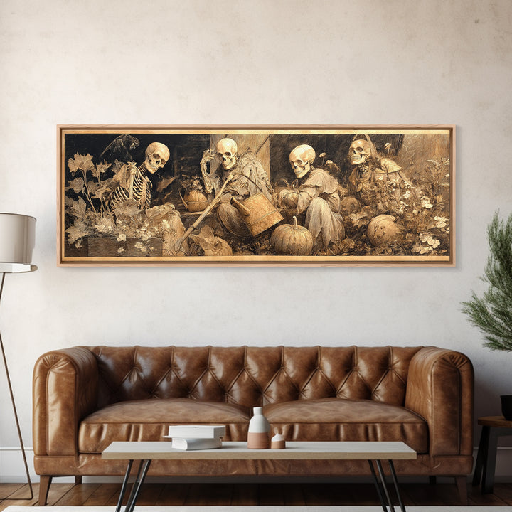 The Skeleton Gardeners, Ornate Symbolist Art, Extra Wide Wall Art, Dark Fantasy Wall Art, Canvas Print, Halloween Wall Art
