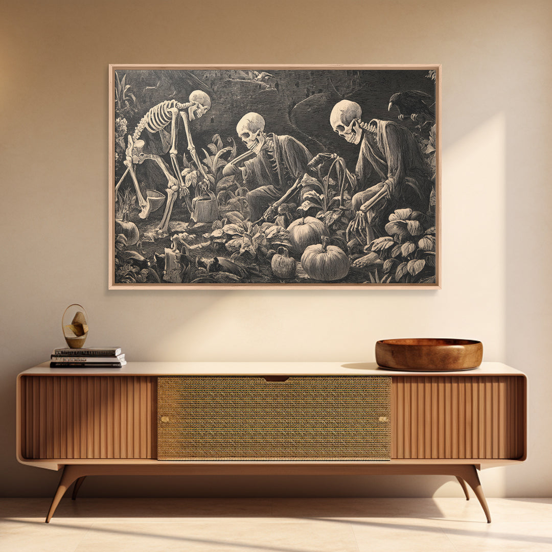 The Skeleton Gardeners, Symbolist Etching Art, Landscape Wall Art, Gothic Horror Wall Art, Framed Canvas Print, Halloween Wall Art