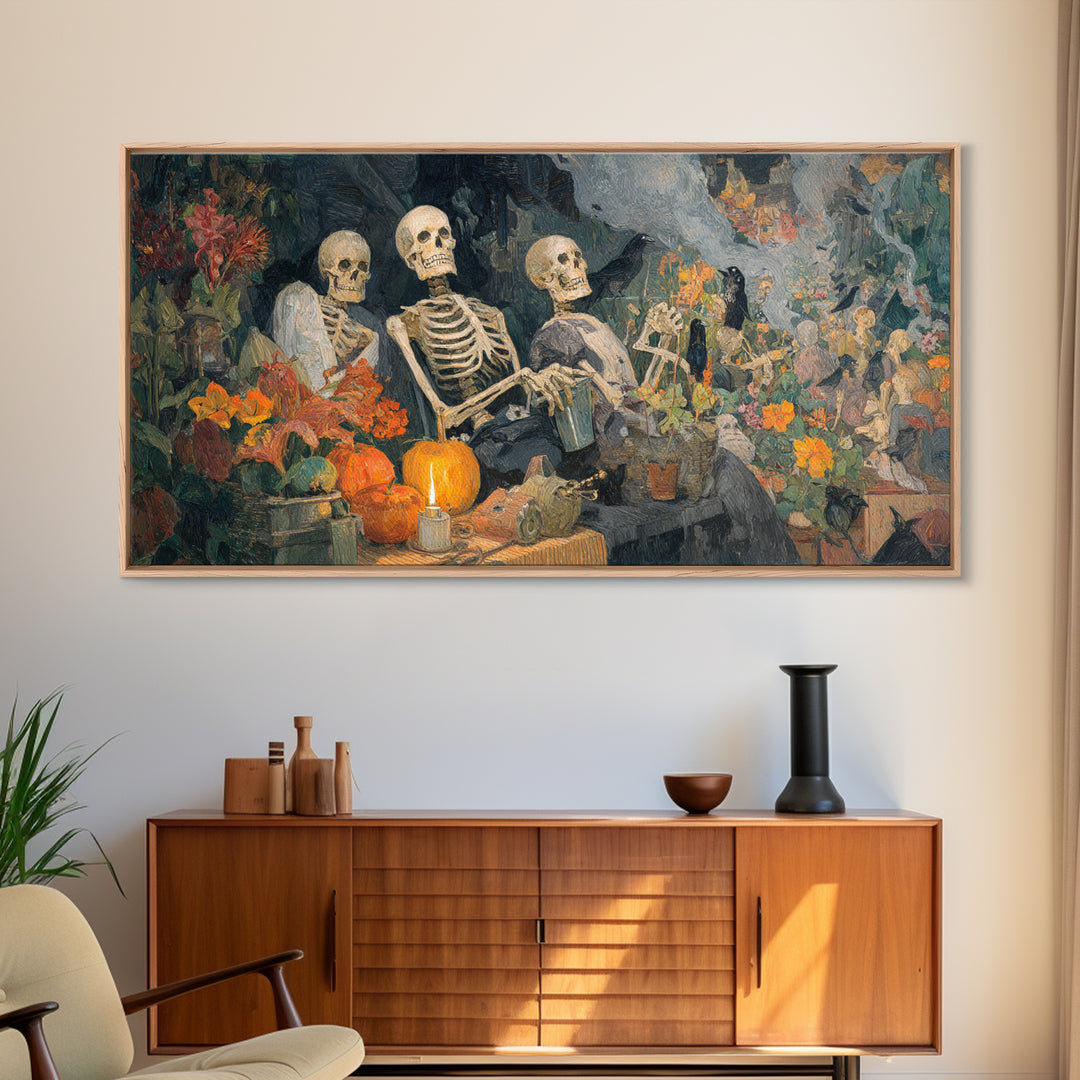 The Skeleton Gardeners, Grotesque Carnival Art, Wide Panoramic Art, Gothic Horror Wall Art, Framed Canvas Print, Halloween Wall Art