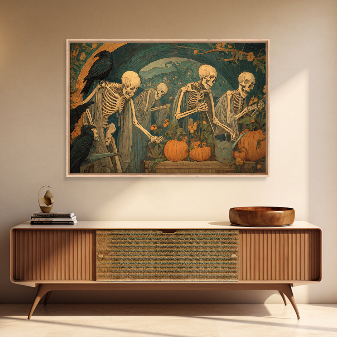 The Skeleton Gardeners, Expressionist Gothic Art, Landscape Wall Art, Dark Fantasy Wall Art, Framed Canvas Print, Halloween Wall Art