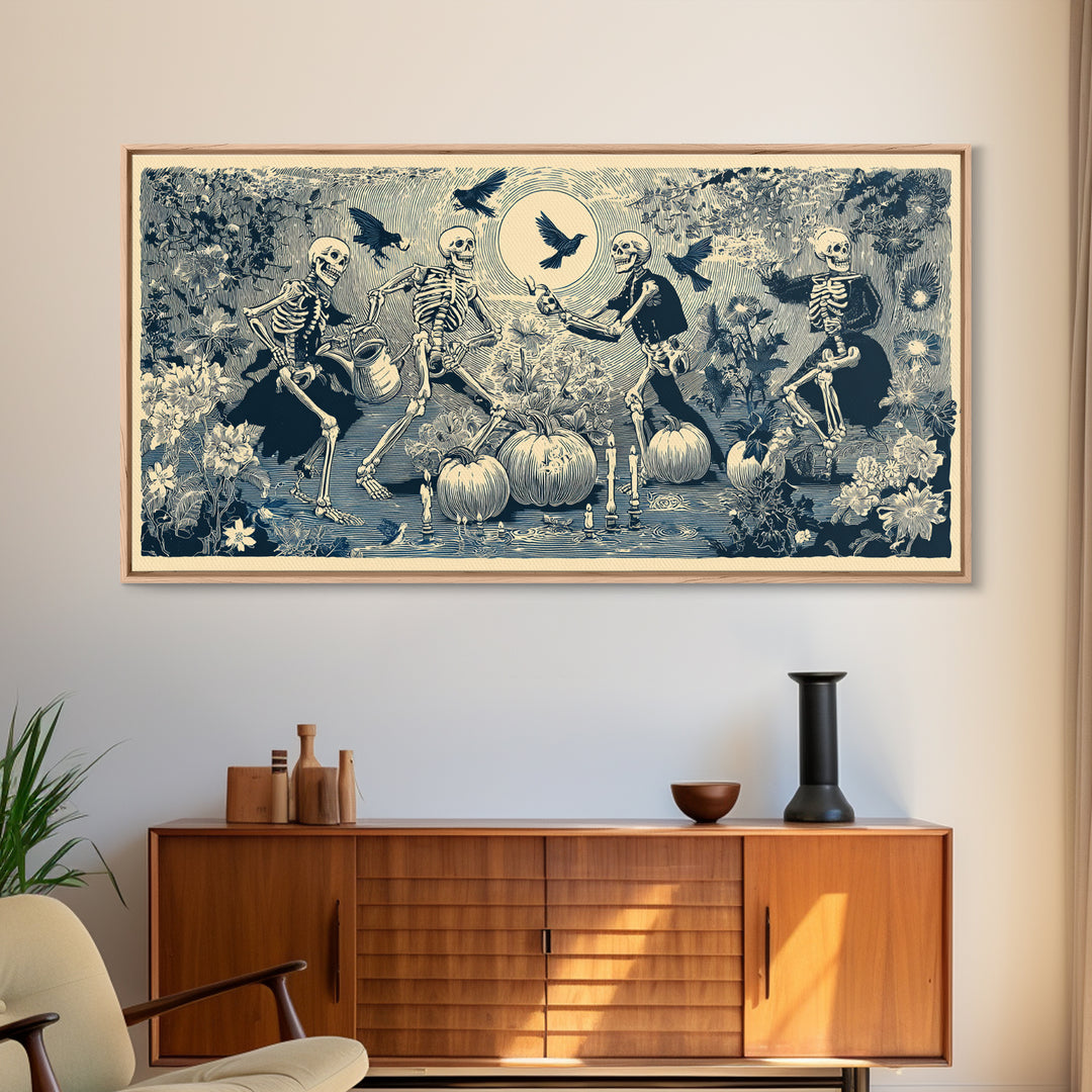 The Skeleton Gardeners, Macabre Folk Print Art, Wide Panoramic Art, Macabre Wall Art, Canvas Print, Halloween Wall Art