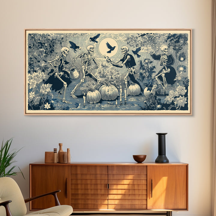 The Skeleton Gardeners, Macabre Folk Print Art, Wide Panoramic Art, Macabre Wall Art, Canvas Print, Halloween Wall Art