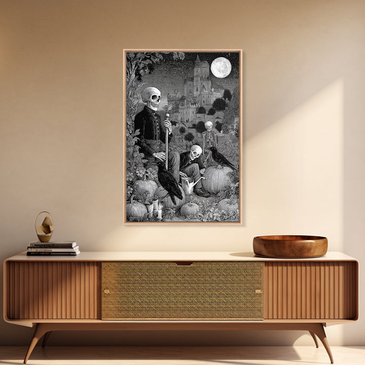 The Skeleton Gardeners, Victorian Macabre Art, Vertical Wall Art, Dark Fantasy Wall Art, Canvas Print, Halloween Wall Art