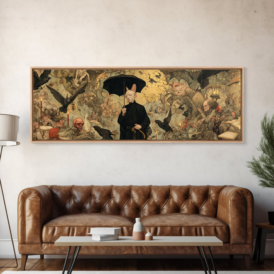 The Bat Umbrella Salesman, Medieval Grotesque Art, Extra Wide Wall Art, Gothic Horror Wall Art, Canvas Print, Halloween Wall Art