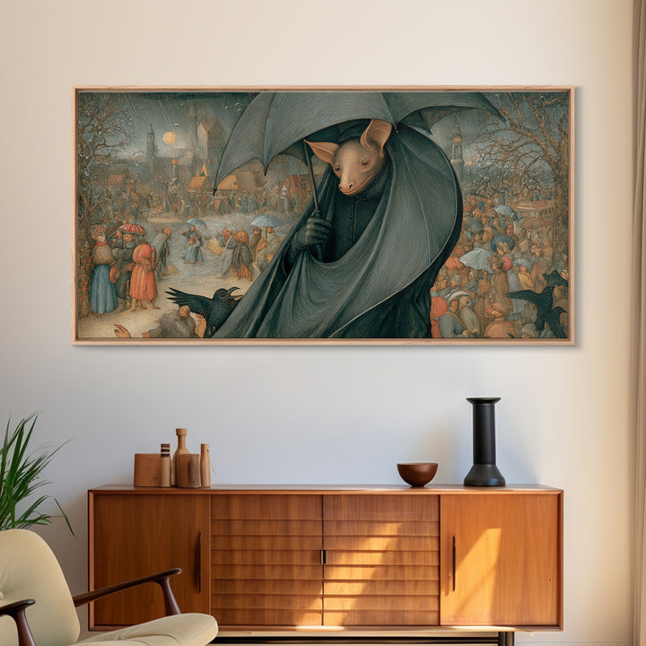 The Bat Umbrella Salesman, Northern Renaissance Horror, Wide Panoramic Art, Gothic Horror Wall Art, Framed Canvas Print