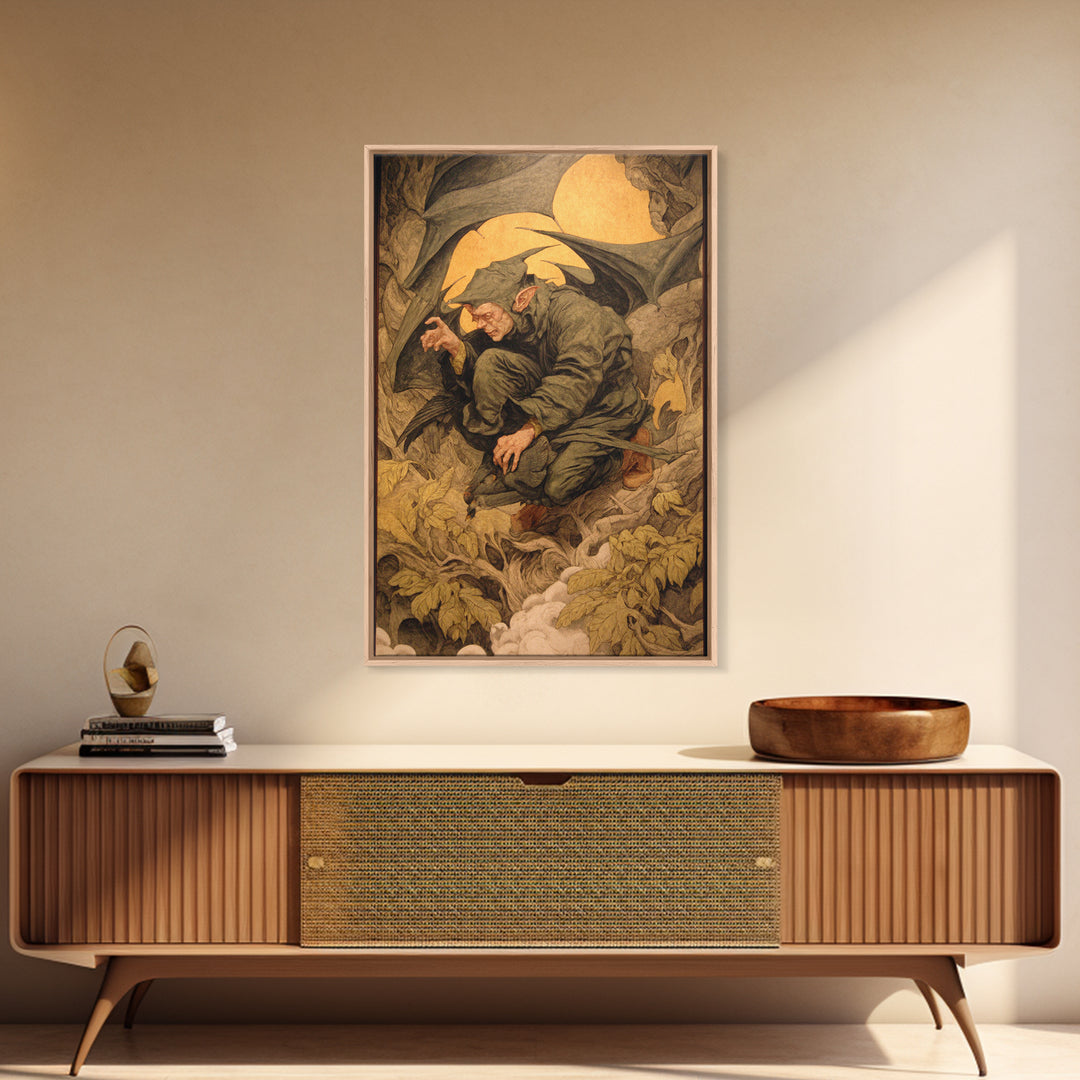 The Bat Umbrella Salesman, Dark Renaissance Art, Vertical Wall Art, Dark Halloween Decor, Framed Canvas Print, Halloween Wall Art