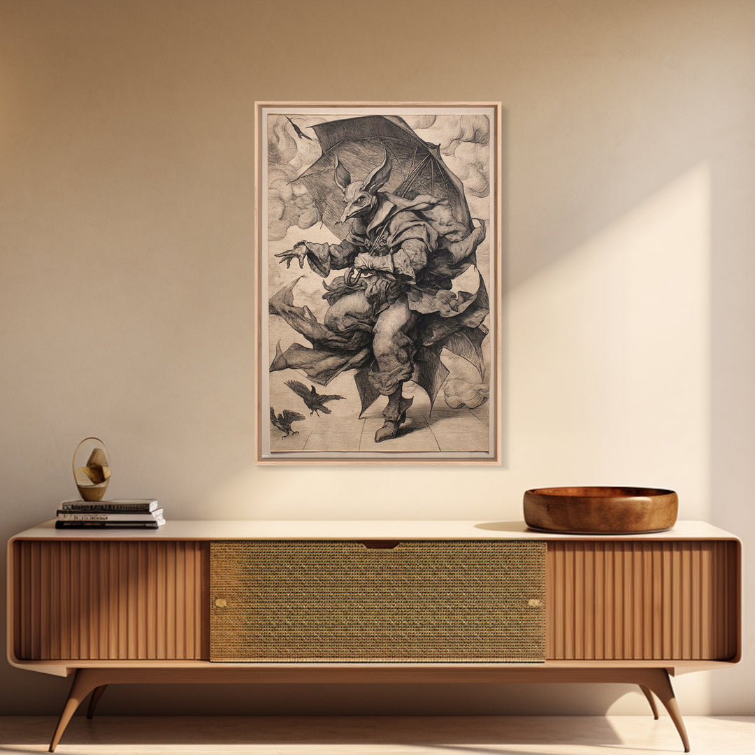 The Bat Umbrella Salesman, Renaissance Engraving Art, Vertical Wall Art, Dark Halloween Decor, Framed Canvas Print, Halloween Wall Art