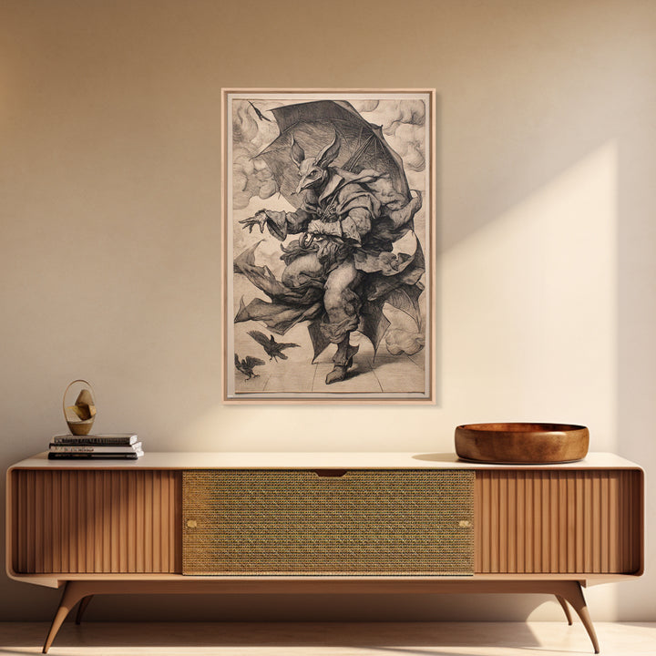 The Bat Umbrella Salesman, Renaissance Engraving Art, Vertical Wall Art, Dark Halloween Decor, Framed Canvas Print, Halloween Wall Art