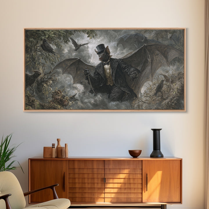The Bat Umbrella Salesman, Baroque Witchcraft Art, Wide Panoramic Art, Dark Fantasy Wall Art, Canvas Print, Halloween Wall Art
