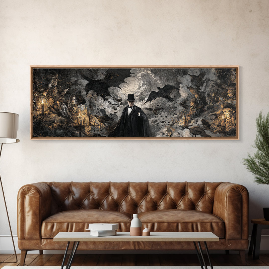 The Bat Umbrella Salesman, Dark Romantic Horror Art, Extra Wide Wall Art, Dark Halloween Decor, Canvas Print, Halloween Wall Art