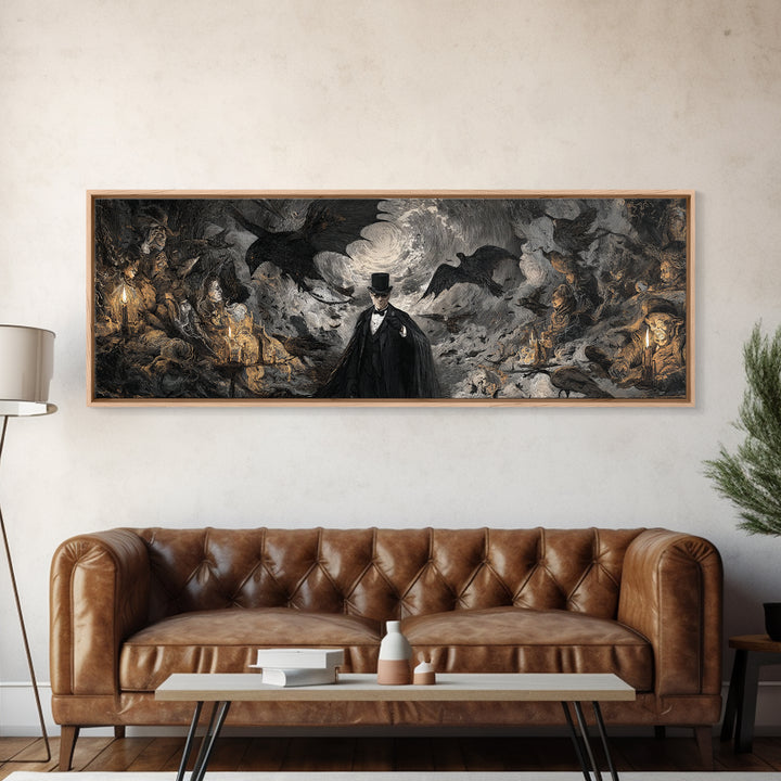 The Bat Umbrella Salesman, Dark Romantic Horror Art, Extra Wide Wall Art, Dark Halloween Decor, Canvas Print, Halloween Wall Art