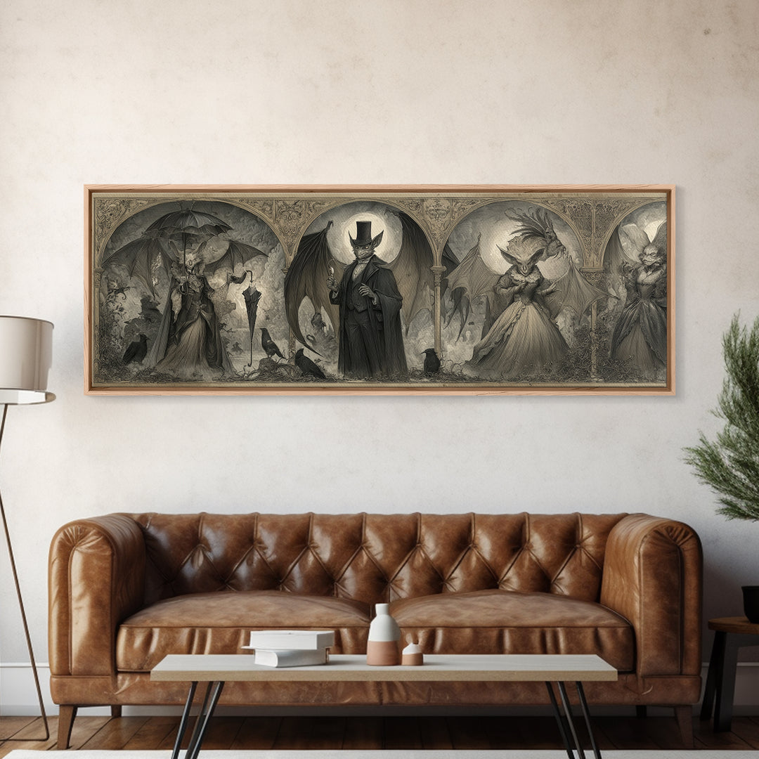 The Bat Umbrella Salesman, Visionary Gothic Art, Extra Wide Wall Art, Dark Halloween Decor, Framed Canvas Print, Halloween Wall Art