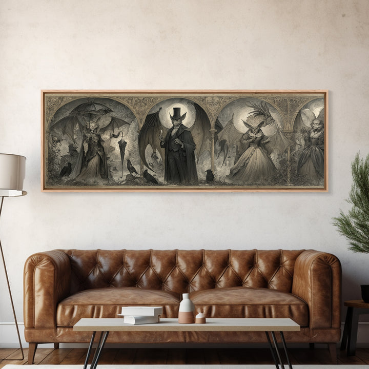 The Bat Umbrella Salesman, Visionary Gothic Art, Extra Wide Wall Art, Dark Halloween Decor, Framed Canvas Print, Halloween Wall Art