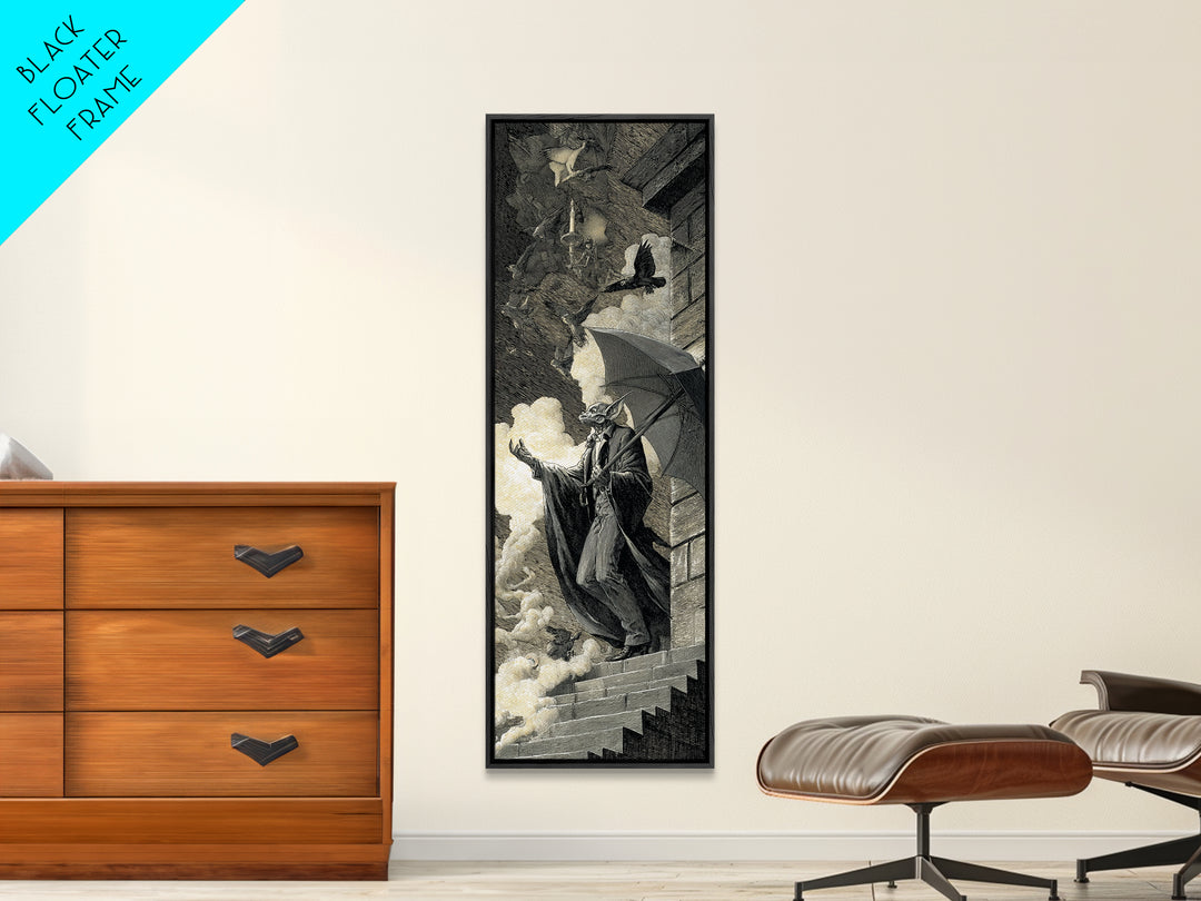 The Bat Umbrella Salesman, Architectural Etching Art, Tall Narrow Wall Art, Macabre Wall Art, Framed Canvas Print