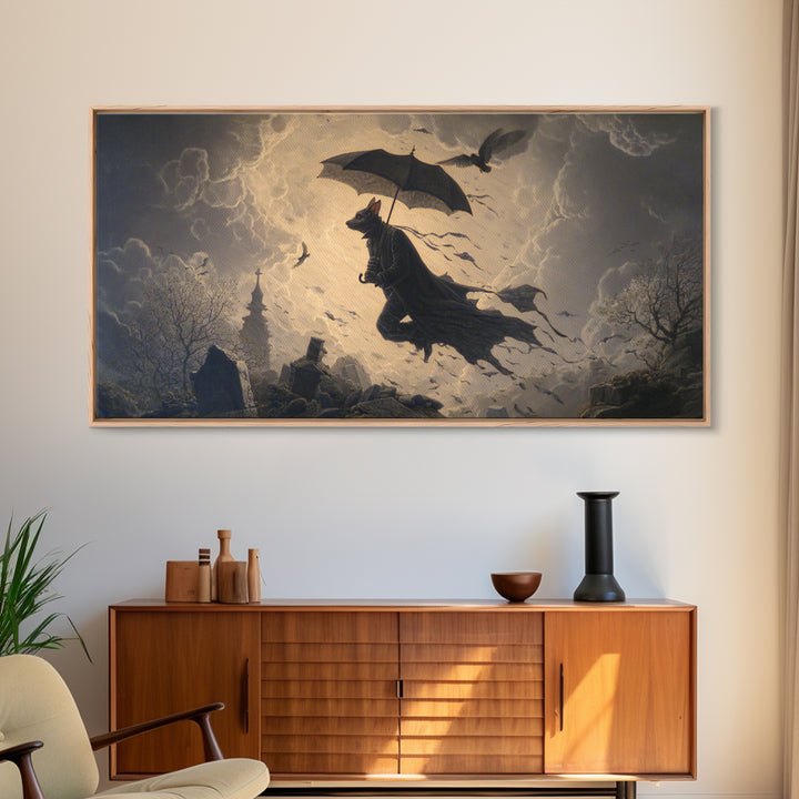 The Bat Umbrella Salesman, Romantic Gothic Landscape, Wide Panoramic Art, Dark Fantasy Wall Art, Canvas Print, Halloween Wall Art