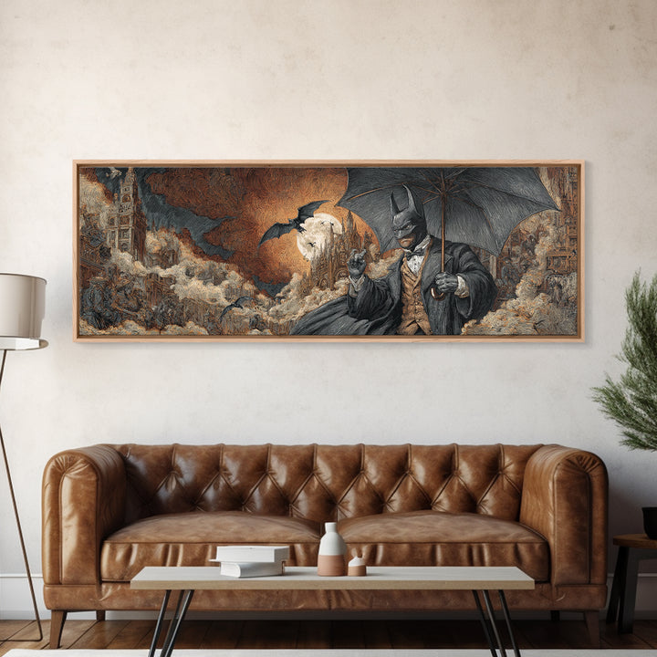 The Bat Umbrella Salesman, Apocalyptic Romantic Art, Extra Wide Wall Art, Macabre Wall Art, Framed Canvas Print, Halloween Wall Art