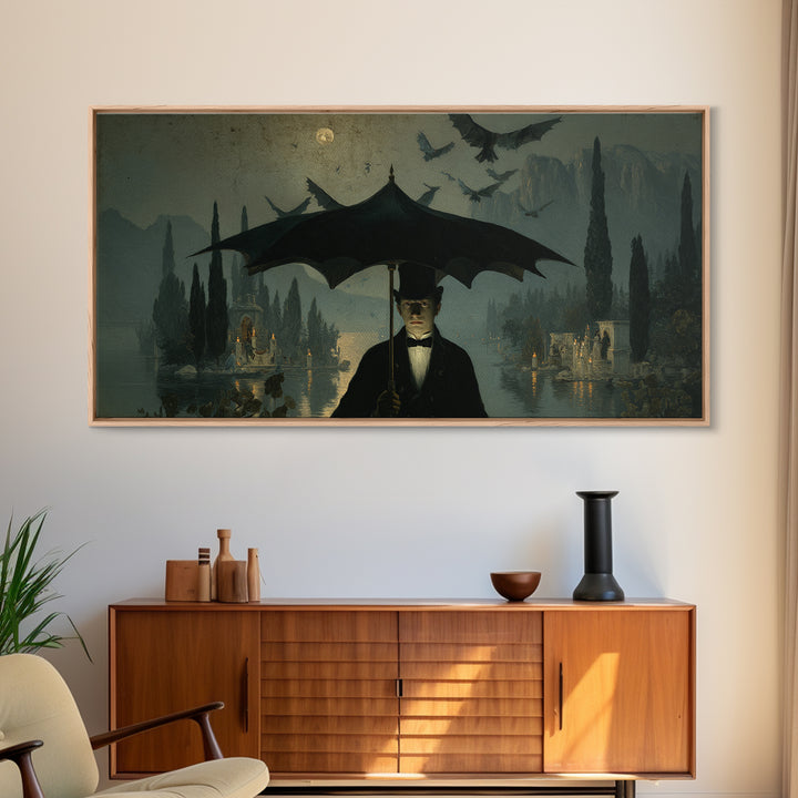 The Bat Umbrella Salesman, Symbolist Gothic Landscape, Wide Panoramic Art, Dark Halloween Decor, Canvas Print, Halloween Wall Art