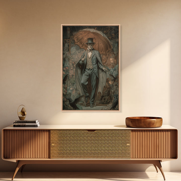 The Bat Umbrella Salesman, Ornate Symbolist Art, Vertical Wall Art, Gothic Horror Wall Art, Framed Canvas Print, Halloween Wall Art