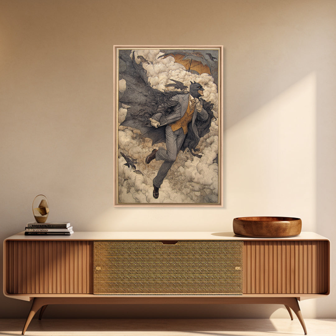 The Bat Umbrella Salesman, Symbolist Death Art, Vertical Wall Art, Dark Fantasy Wall Art, Canvas Print, Halloween Wall Art