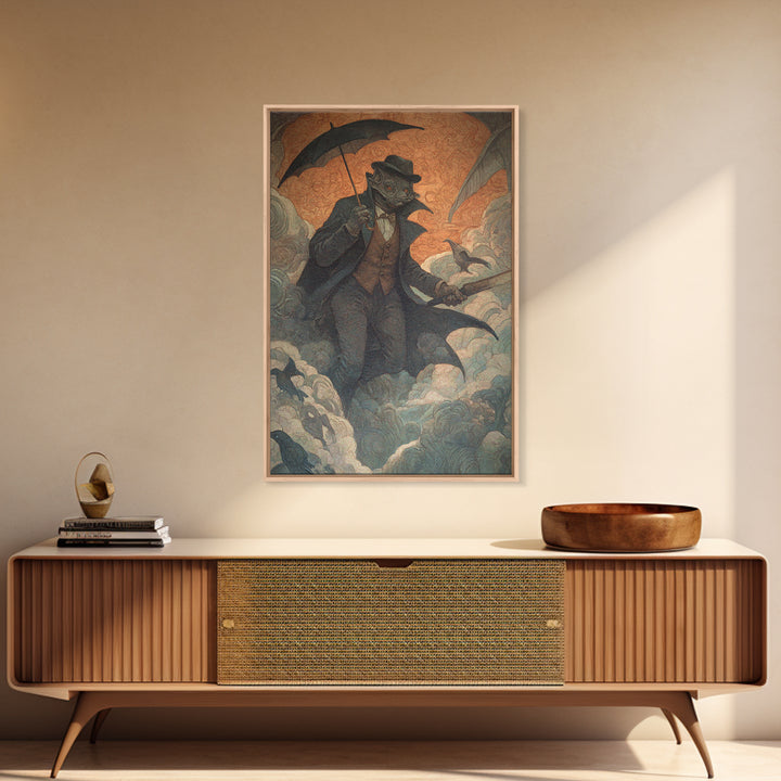 The Bat Umbrella Salesman, Dark Symbolist Art, Vertical Wall Art, Gothic Horror Wall Art, Canvas Print, Halloween Wall Art