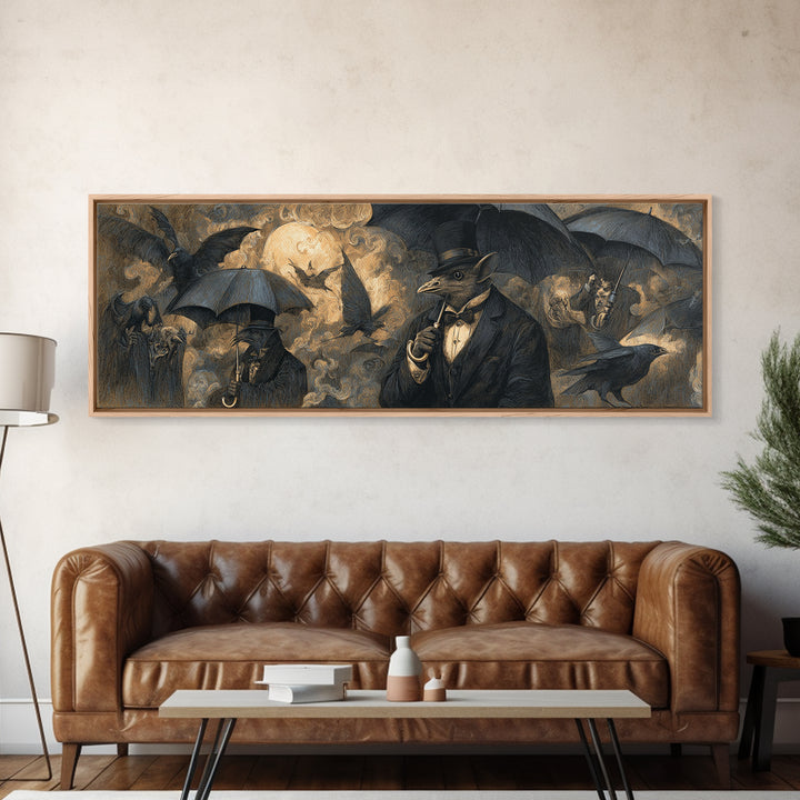 The Bat Umbrella Salesman, Expressionist Nightmare Art, Extra Wide Wall Art, Gothic Horror Wall Art, Canvas Print, Halloween Wall Art