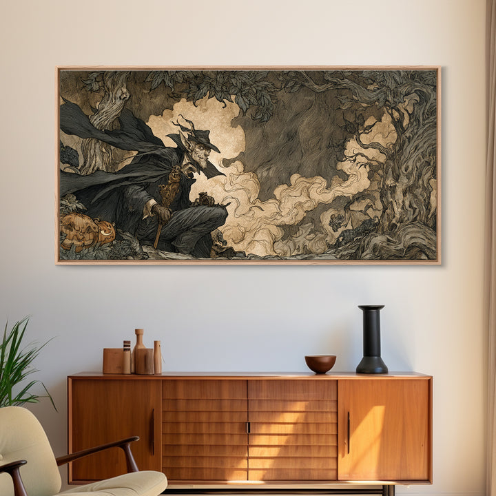 The Bat Umbrella Salesman, Gothic Storybook Art, Wide Panoramic Art, Dark Fantasy Wall Art, Framed Canvas Print, Halloween Wall Art