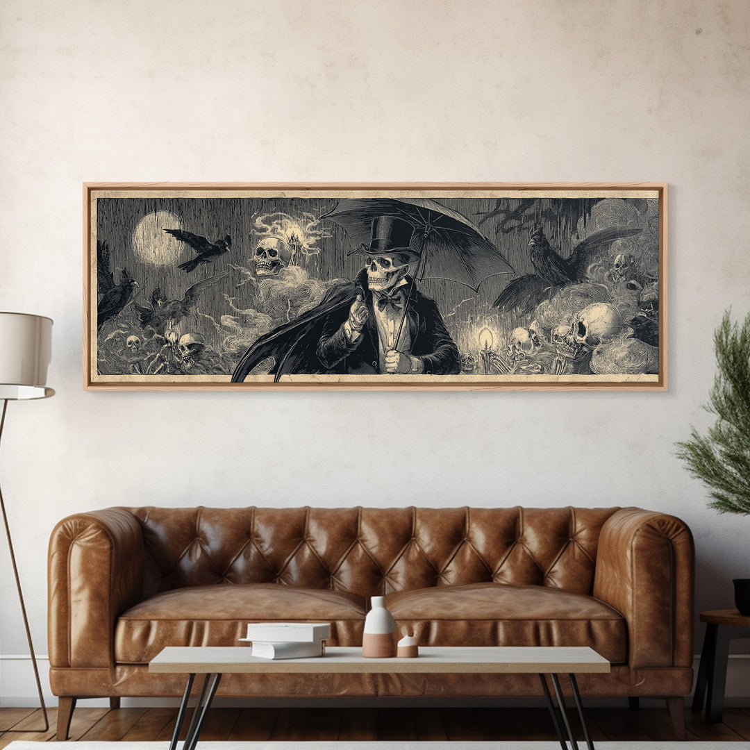 The Bat Umbrella Salesman, Macabre Folk Print Art, Extra Wide Wall Art, Dark Fantasy Wall Art, Canvas Print, Halloween Wall Art