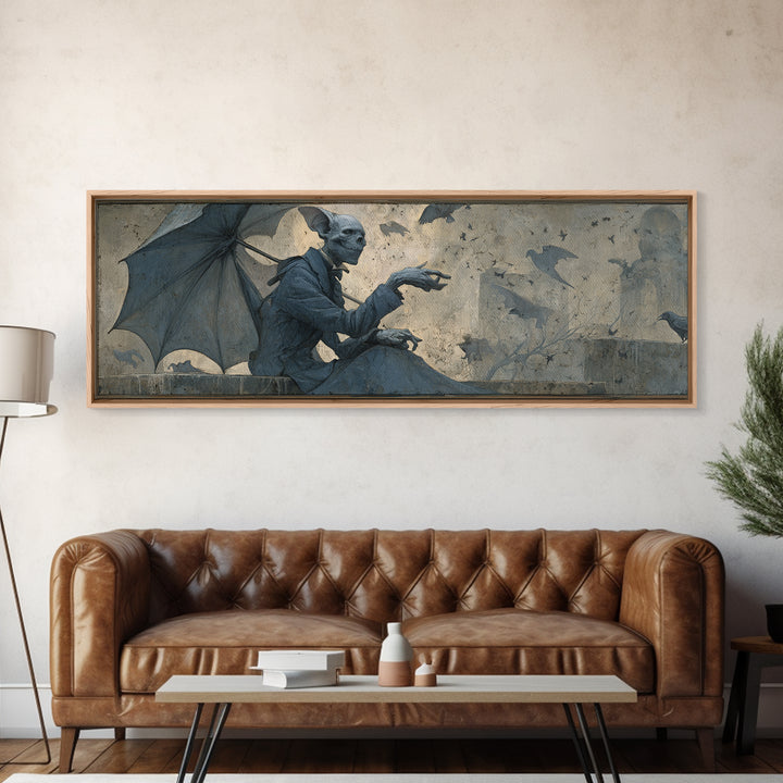 The Bat Umbrella Salesman, Surreal Apocalyptic Art, Extra Wide Wall Art, Macabre Wall Art, Framed Canvas Print, Halloween Wall Art